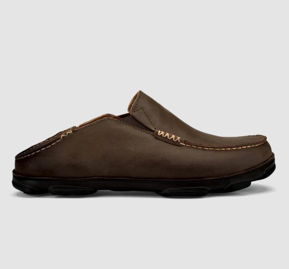 NEW OLUKAI men's moloa leather slip on shoes in dark wood / dark java